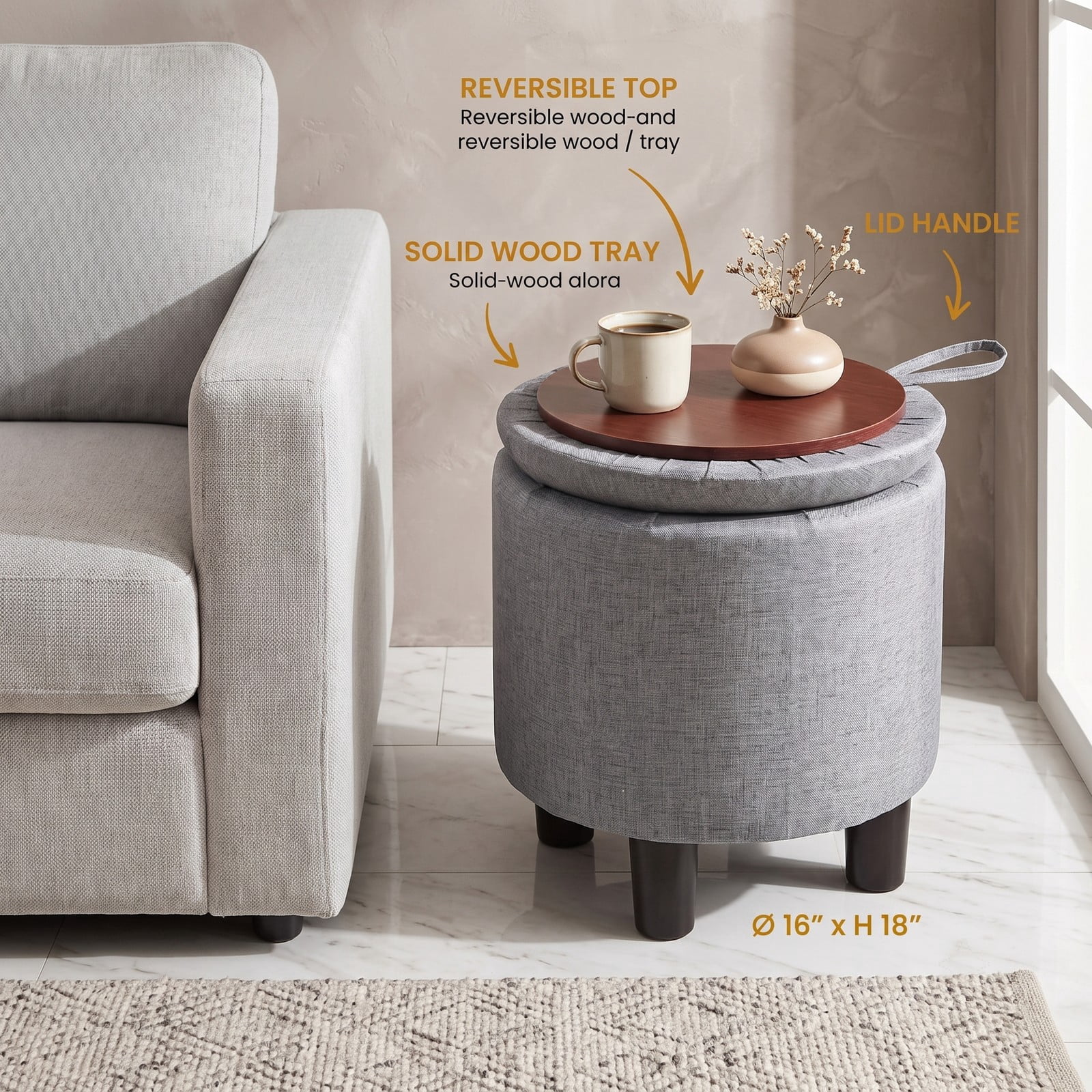 Furnibear Round Storage Ottoman, Linen Fabric Upholstered Footrest Stool with Reversible Lid, Padded Storage Bench Vanity Seat Side Table for Living Room Bedroom, Gray
