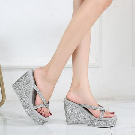 

Summer Platform Women Shoes Beach Sandals Rhinestones Sequin Slope With flip flops Breathable Shiny Wedge Slippers women sh321