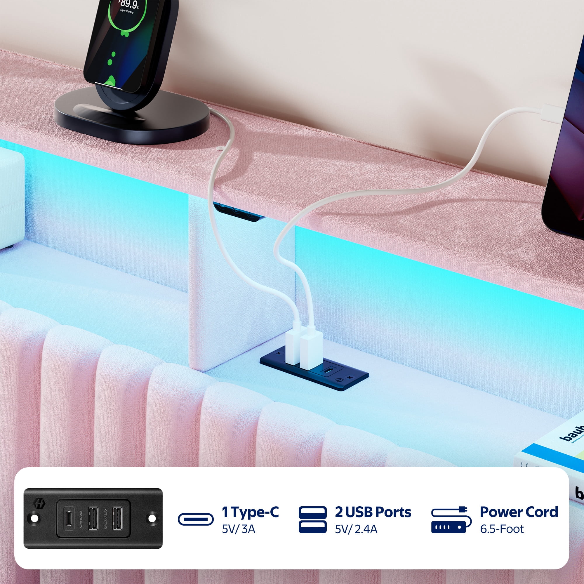 Greenstell Full Size Adjustable Storage Headboard Only - Modern Upholstered Head Board with LED Lights, Charging Station & Soft Padding, Pink