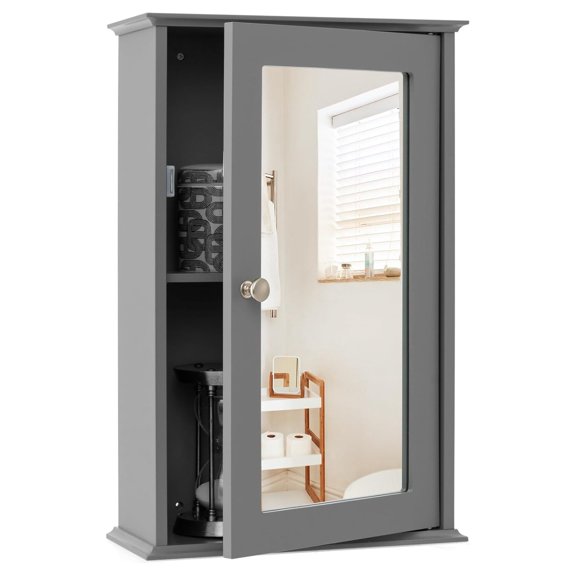 Bathroom Medicine Cabinet with Mirror, Wall Mounted Storage Cabinet with Single Mirrored Door and Adjustable Shelf for Bathroom, Living Room or Entryway, 13.5 x 6 x 21 inches (Grey)