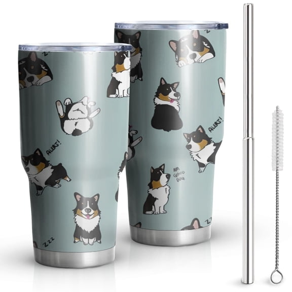 30oz Black Corgi Tumblers Stainless Steel Tumbler with Lid and Straw,Vacuum Insulated Double Wall Travel Tumbler Cups Mug with Cleaning Brush for Coffee,Tea