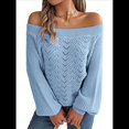 thumbnail image 2 of Tops de Crochet para Mujer, Suéteres con Hombros Descubiertos, Ropa de Playa de Punto Calado de Larga de Verano Azul M, 2 of 10