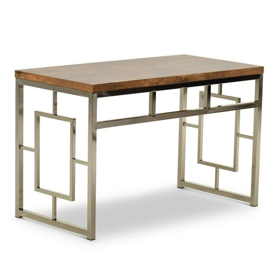 Alize Chrome Metal Desk with Brown Faux Wood Top