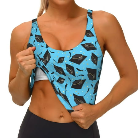 Qokaie Graduation Hats2 Pattern Womens Scoop Neck Sports Bra Breathable Workout Vest Padded U Back Medium Impact Fitness Gym Yoga Bra Workout Crop Top