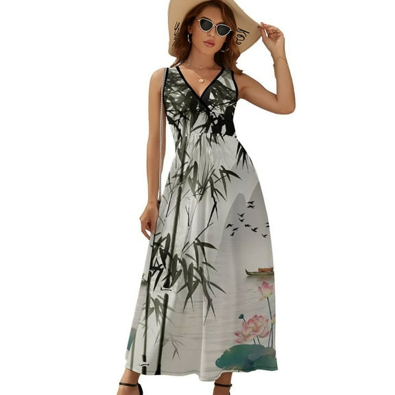 Chinese Ink Painting Bamboo Dress Fashion Boho Beach Long Dresses Female Party Printed Maxi Dress