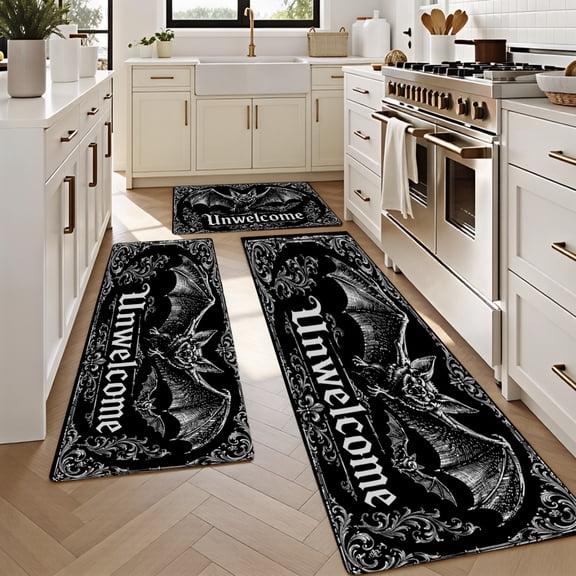 3PCS Kitchen Rugs, Door Mat set, Home Halloween Decoration for Front Door, Kitchen, Bathroom, Black And White Bat With Unwelcome Text Gothic Design Dining Mat, Housewarming Party Gift.
