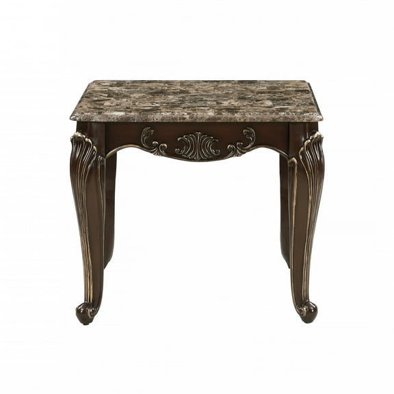 Newboti Furniture Formal Traditional Luxury 1pc Marble Top End Table Cherry Finish with Gold Tipping Living Room Furniture 63384