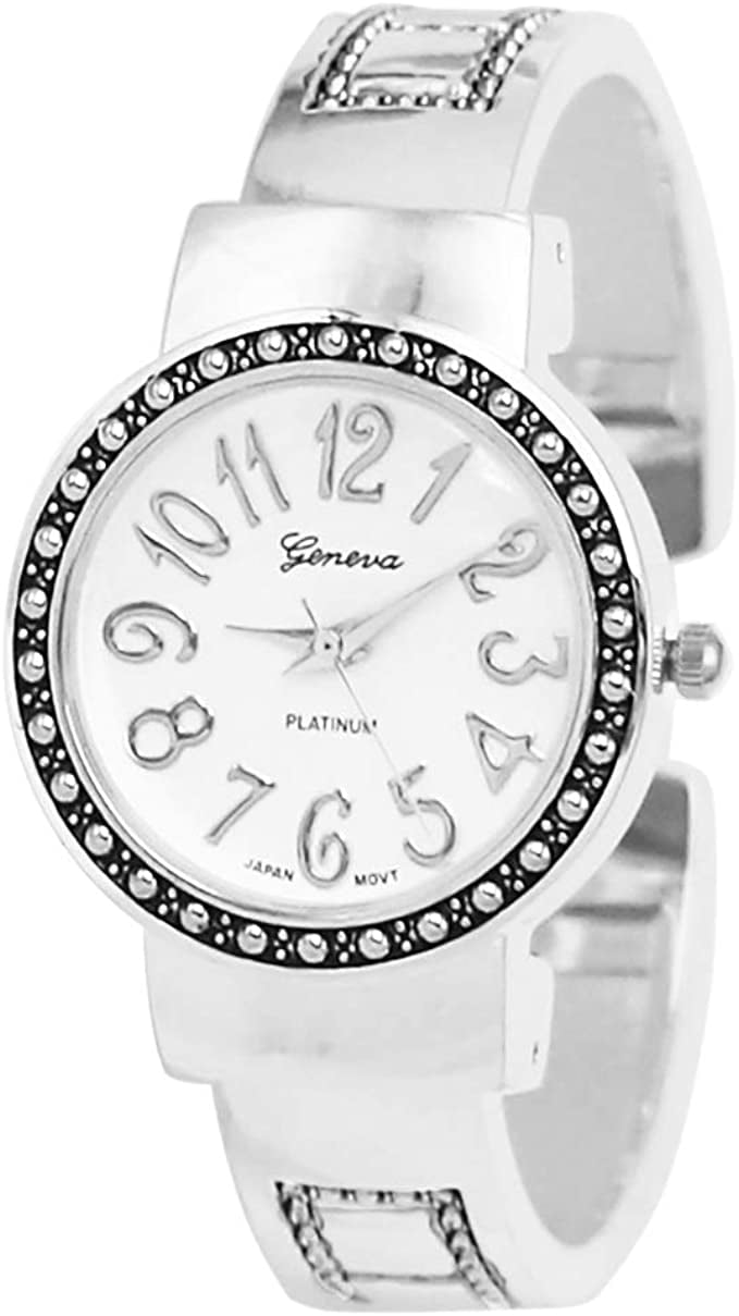 Excellentwatches-Women's Unique Polished Metal with Intricate Caviar Detail on Bezel Cuff Bracelet Watch, 2.25