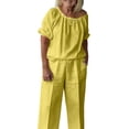 thumbnail image 2 of Women's Solid Loose Drawstring Short Sleeve Round Neck Blouse Shirt Set, 2 of 6