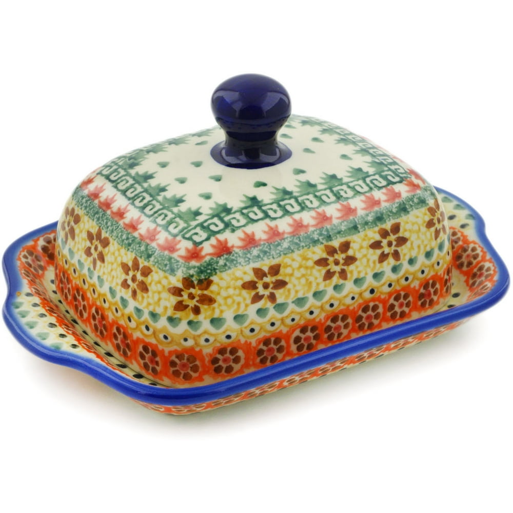 Polish Pottery 8inch Butter Dish (Fall Leaves Theme) Hand Painted in Boleslawiec, Poland