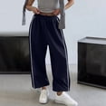 thumbnail image 2 of hlysgo Track Pants for Women Wide Leg High Waisted Baggy Joggers Pant Side Stripe Drawstring Ankle Trousers with Pockets Navy,L, 2 of 5