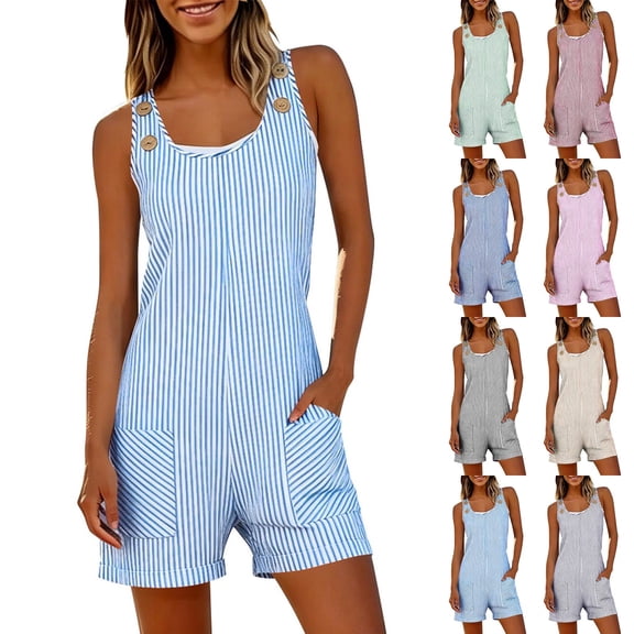 Sheghy Romper Dress with Shorts Underneath 100%Cotton Women's Striped Pocket Sleeveless Button Decoration Shorts Casual Jumpsuit