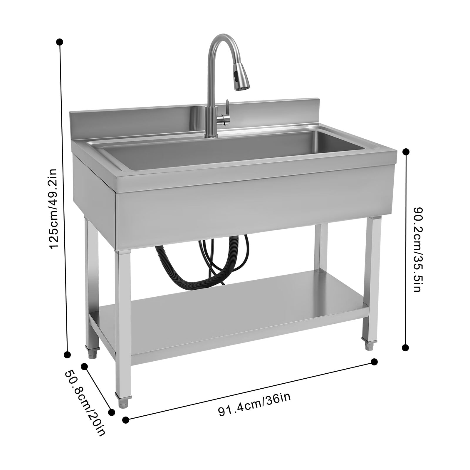 Loyalheartdy Stainless Steel Commercial Sink Freestanding Single High Capacity Utility Sinks with Pull-Out Faucet & Storage Shelf for Kitchen Laundry Room Garage Outdoor Garden 36" x 20" x 49"