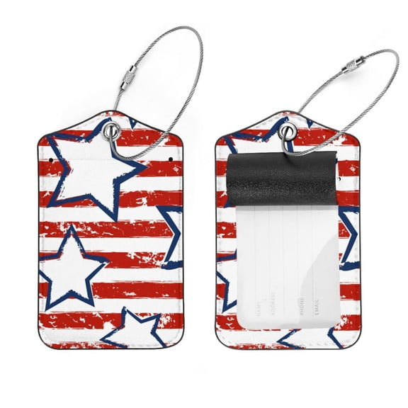 Square 2Pack PU Leather Star on Red Stripe Cruise Luggage Tag with Privacy Cover and Stainless Steel Ring - Suitable for Travel Handbags Backpacks Luggage Tags