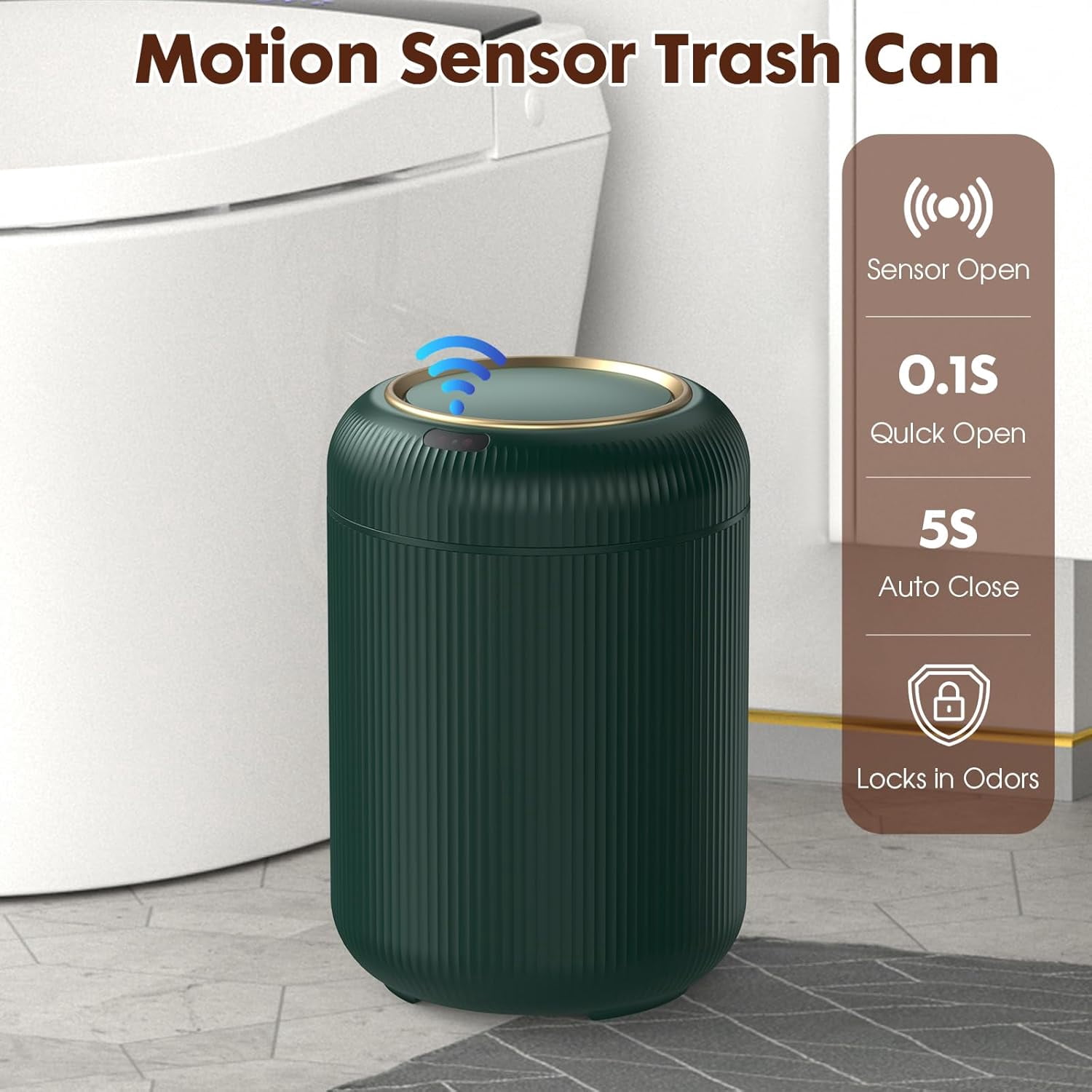 Automatic Motion Sensor Bathroom Trash Can with Lid, 3 Gallon Touchless Trash Bin, Smart Plastic Garbage Can Small Green Wastebasket for Toilet, Office, rv, Bedroom, Living Room