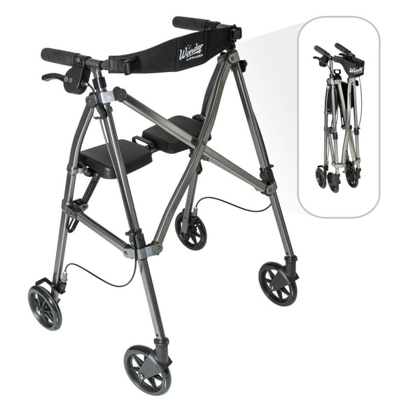 Andador con ruedas Stander Wonder, ligero, plegable y compacto, ideal para personas mayores y adultos. Ruedas de 6 pulgadas, frenos con bloqueo y asiento acolchado con respaldo. Color nogal negro.