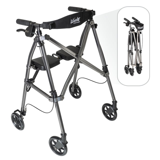 Andador con ruedas Stander Wonder, ligero, plegable y compacto, ideal para personas mayores y adultos. Ruedas de 6 pulgadas, frenos con bloqueo y asiento acolchado con respaldo. Color nogal negro.