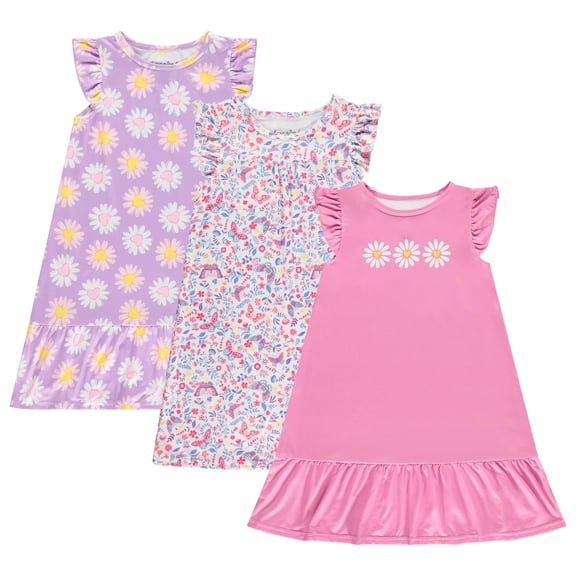 Btween Girls Nightgowns – 3 Pack Soft Ruffle Sleeve Sleep Shirts, Brushed ITY Fabric, Floral & Heart Prints, Toddler & Big Girls Pajamas