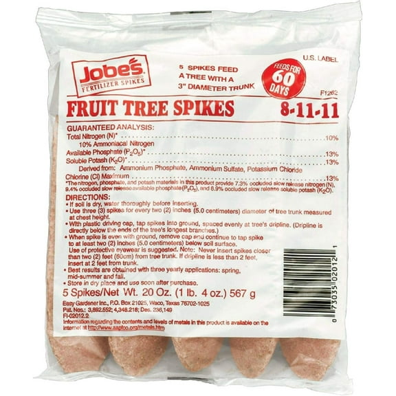 Jobe's Fruit Tree Fertilizer Spikes 8-11-11 - Slow-Release, Outdoor Use - 5 Spikes Bag
