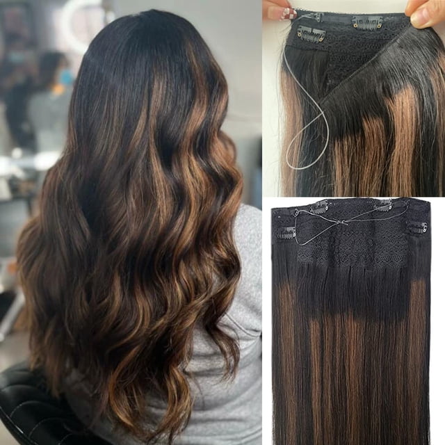 Extensiones de cabello con alambre marrón degradado, extensiones de cabello con reflejos negros naturales a marrón castaño, 16 pulgadas, 70 g, postizo de alambre recto, extensiones con clip con línea