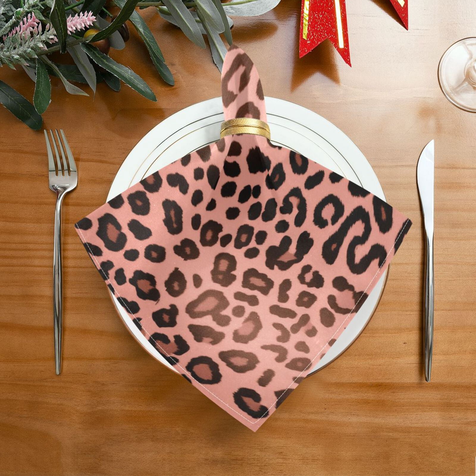 JSTEL Leopard Cheetah Prints Rose Gold Cloth Napkins Set of 6, 20x20 Inch Washable and Reusable Napkin for Decoupage Dinner Party Everyday Use