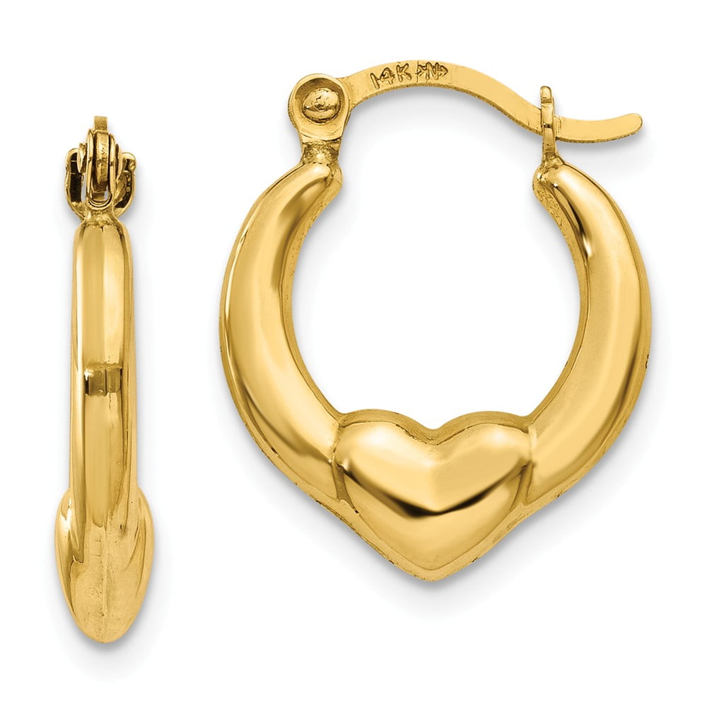 14k Yellow Gold Fancy CZ Heart Hoop Earrings 11 x 11mm