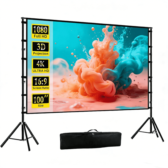 HVKDIEB 100 inch Projector Screen with Stand,16:9 4K 3D Indoor Outdoor Movie Screen,Wrinkle Resistant,Suitable for Home Theater Movies Night