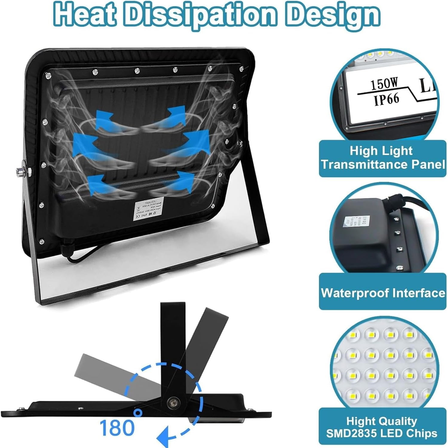 150W Flood Lights Outdoor, 12000LM Exterior LED Flood Light, IP66 Waterproof Security Light, 6500K Daylight White Floodlight