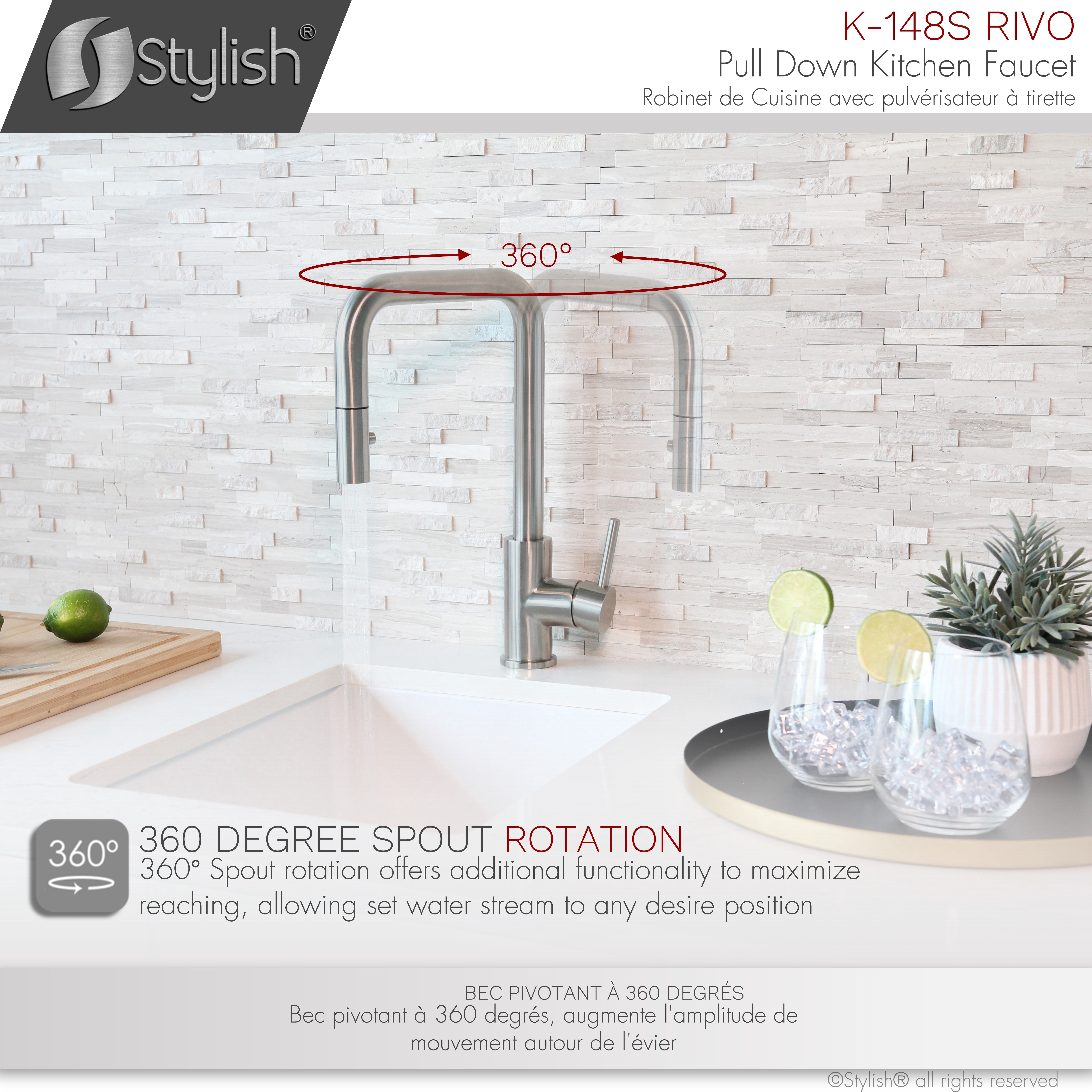 Stylish Rivo One-Handle Stainless Steel Pull Down Kitchen Faucet Height 14" K-148S