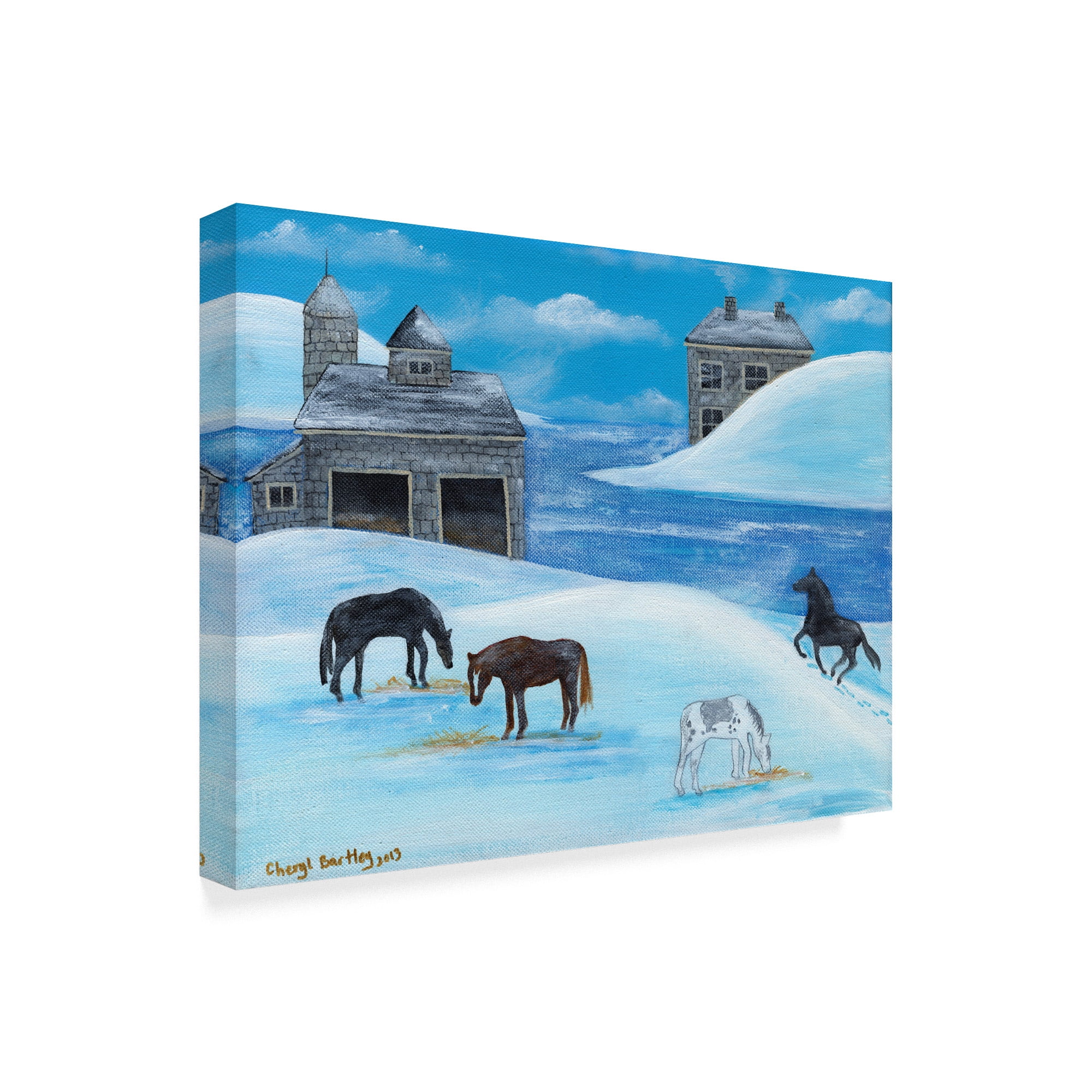 Trademark Fine Art 'Horses In Snow By River Folk Art' Canvas Art by Cheryl Bartley