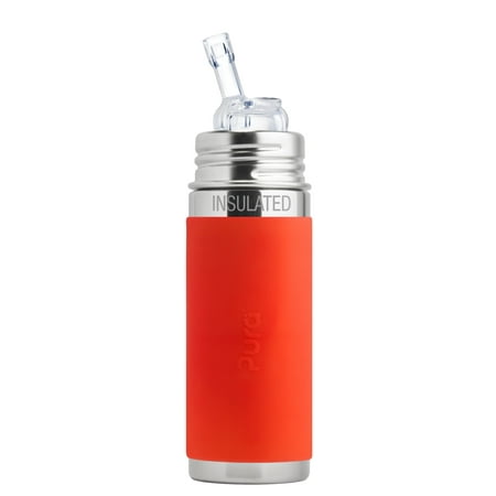 Pura Kiki 9 oz / 260 ml Stainless Steel Insulated Bottle with Silicone Straw & Sleeve, Orange (Plastic Free, NonToxic Certified, BPA