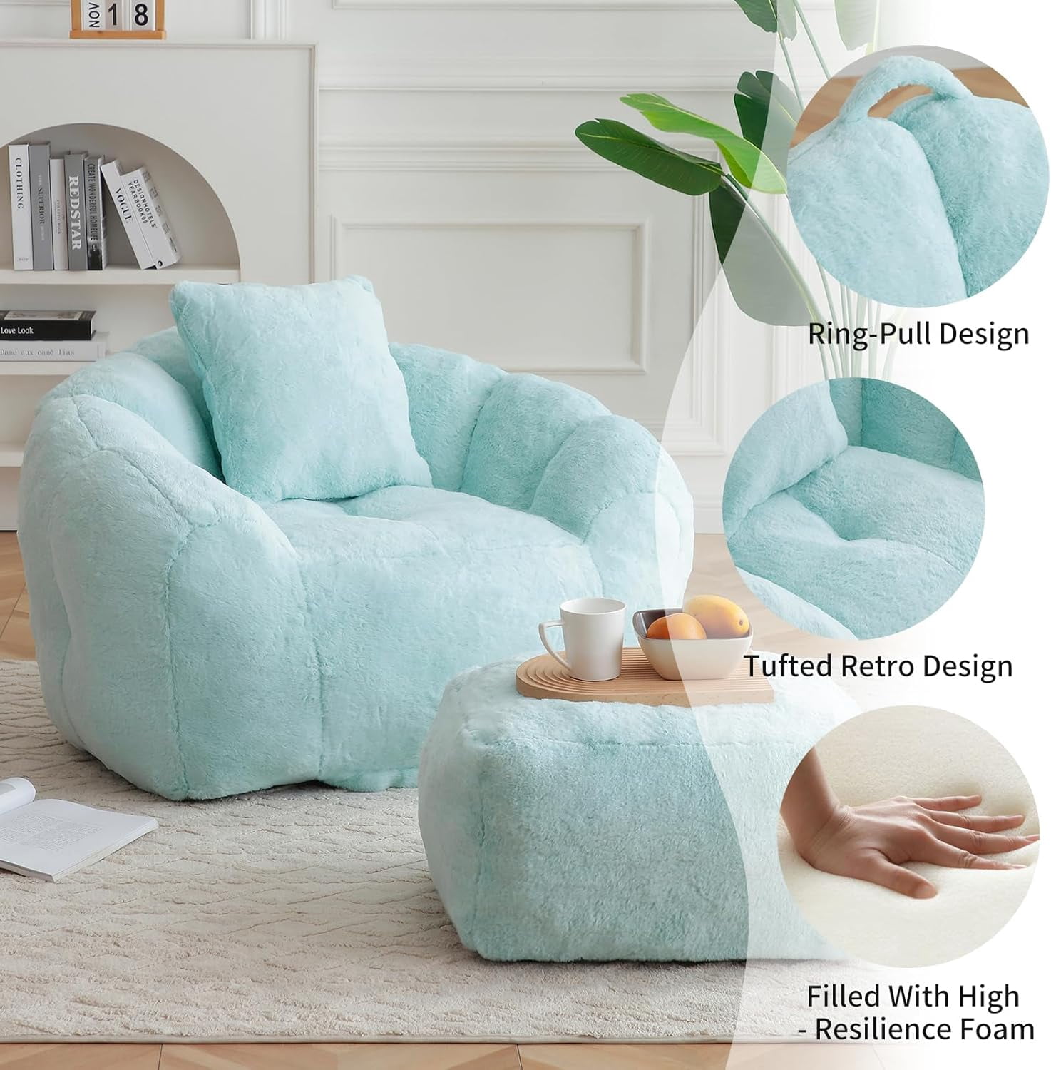 Giant Bean Bag Chair with Footstool for Adults and Kids, Faux Fur Upholstered Beanbag Chair with Shell-Shaped Design, Comfy Bean Bag Sofa with Pillow and Footstool, Floor Sofa Chair for Bedroom,Blue