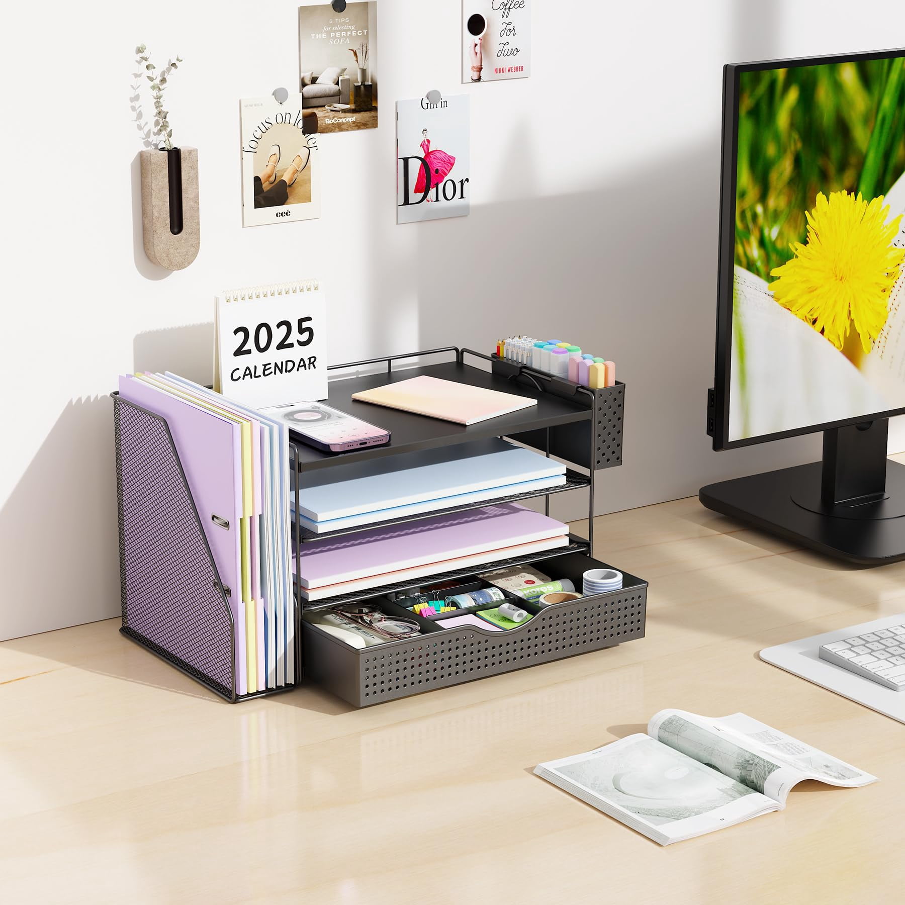 Wood Desk Organizers And Accessories With File Holder  4-tier & Workspace Drawer Pen Paper Organizer For Office Supplies (black)