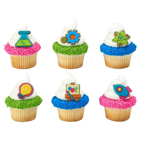 Light Bulb Rings - Lightbulb, Gear, Easel, Rocket, and Beaker Stem Icon Cupcake Rings - 24 Count