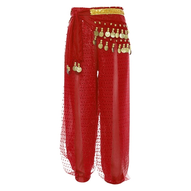 TSSOE Pantalons de Danse Salsa Hip Hop Jazz pour Filles, Pantalons Amples à Paillettes avec Foulard Rouge TG