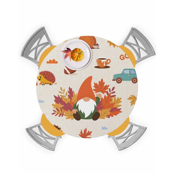 Round Fitted Tablecloths Autumn Gnome Maple Leaf on Linen Waterproof Table Cover for Kitchen Dining Party Decor Thanksgiving Cartoon Theme,36"-44"