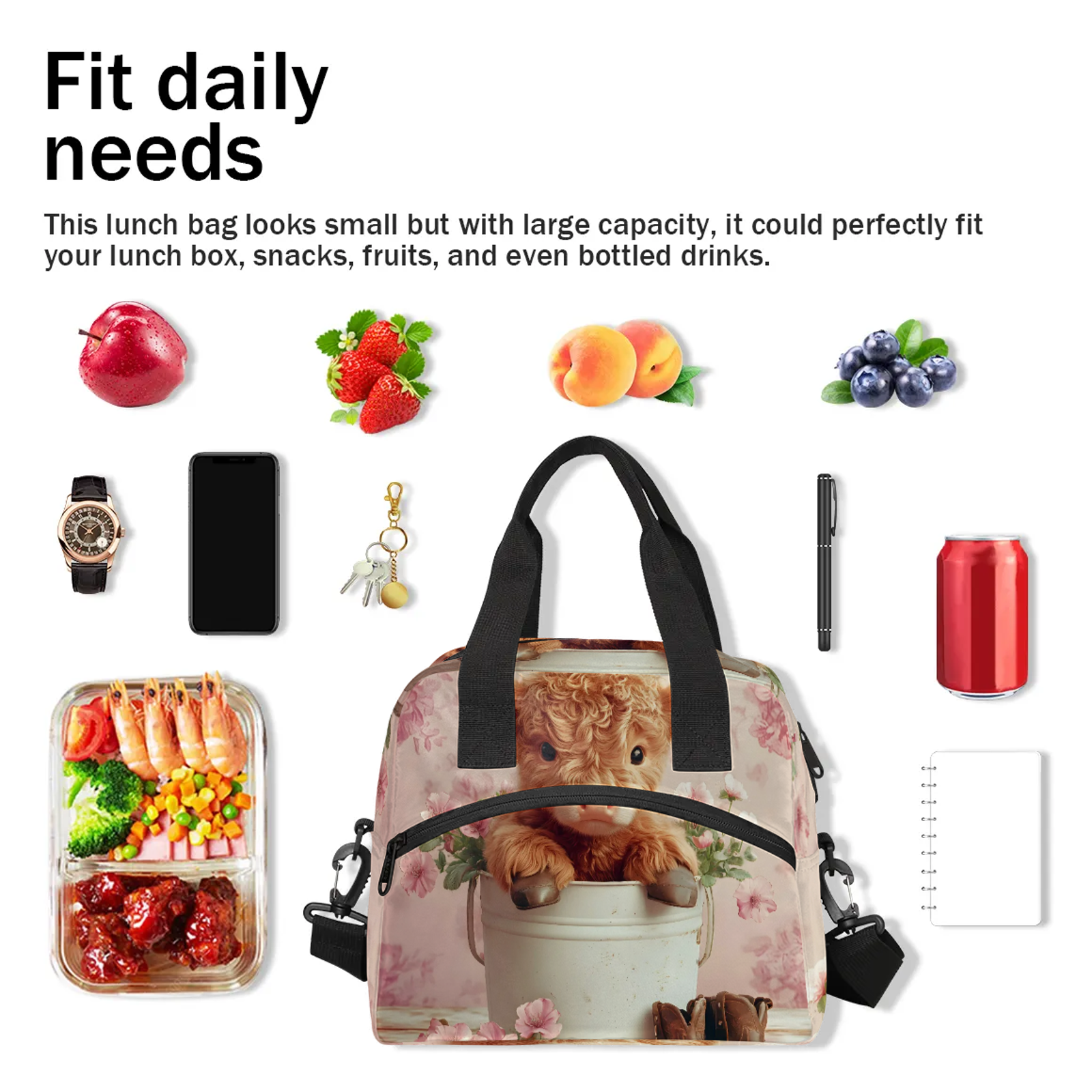 Herdesigns Pink Lunch Bag for Men Women Adults Highland Cow Insulated Lunch Box Leakproof Cooler Tote Bag Organizer with Adjustable Shoulder Strap