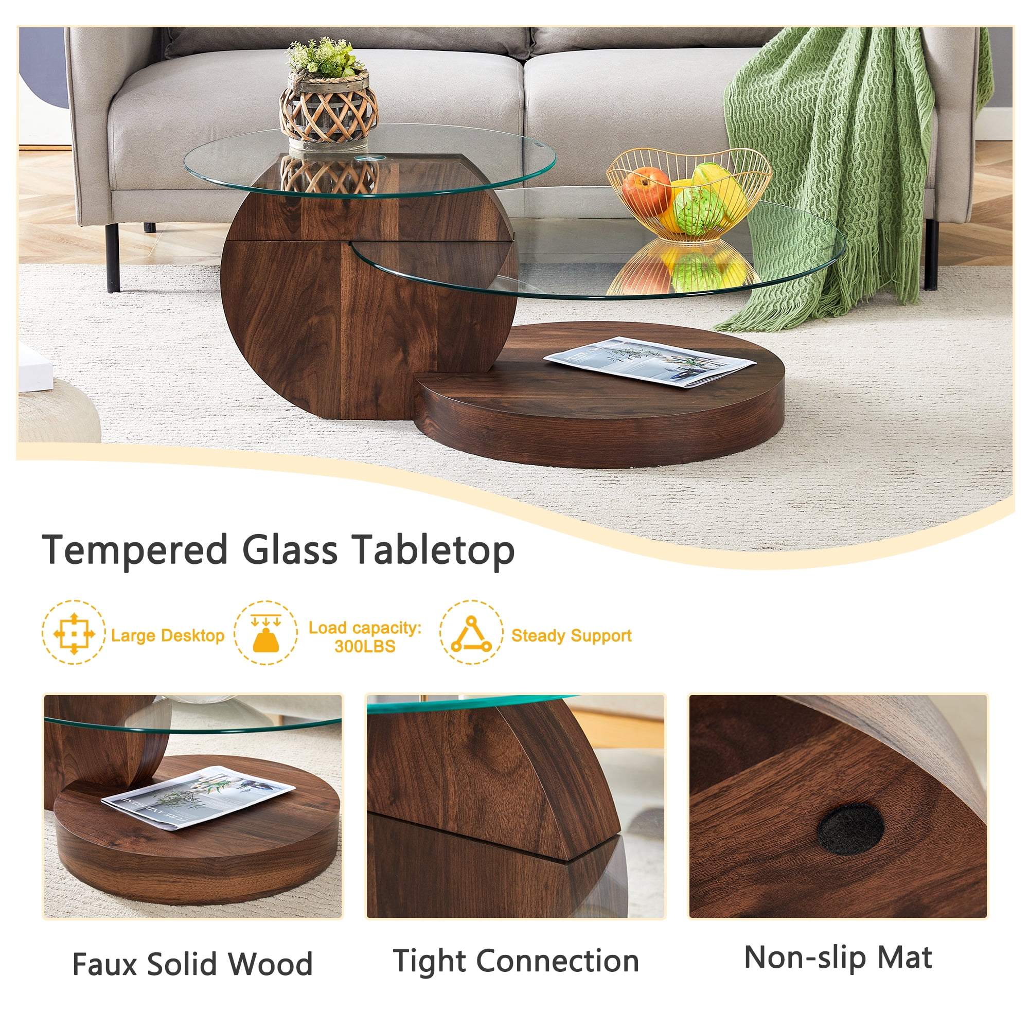 Vanress 42" Glass Coffee Table, Round Coffee Table, Modern Double Layer Round Glass Coffee Table for Living Room, Walnut