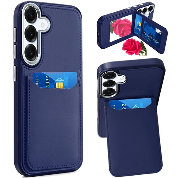 For Samsung Galaxy S25  /S25 Plus /S24  Plus PU Leather Wallet Cover with Credit Card Holder, Kickstand & Mirror Inside Slim Fit TPU & PC Hybrid Design Cover, XPM Phone Case [Blue]