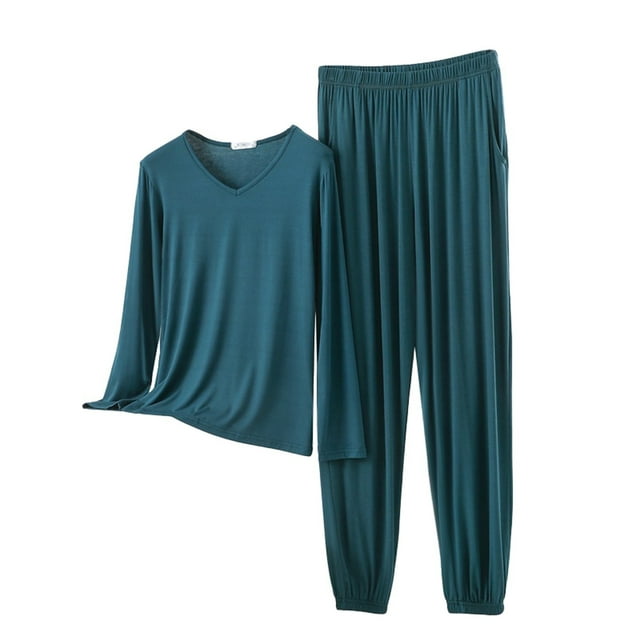 Women Pajama Sets V Neck Long Sleeved Plus Size Home Suit Set For Women Thin Design Solid Color Long Sleeved Pants Two Piece Set Woman Blending Pajamas