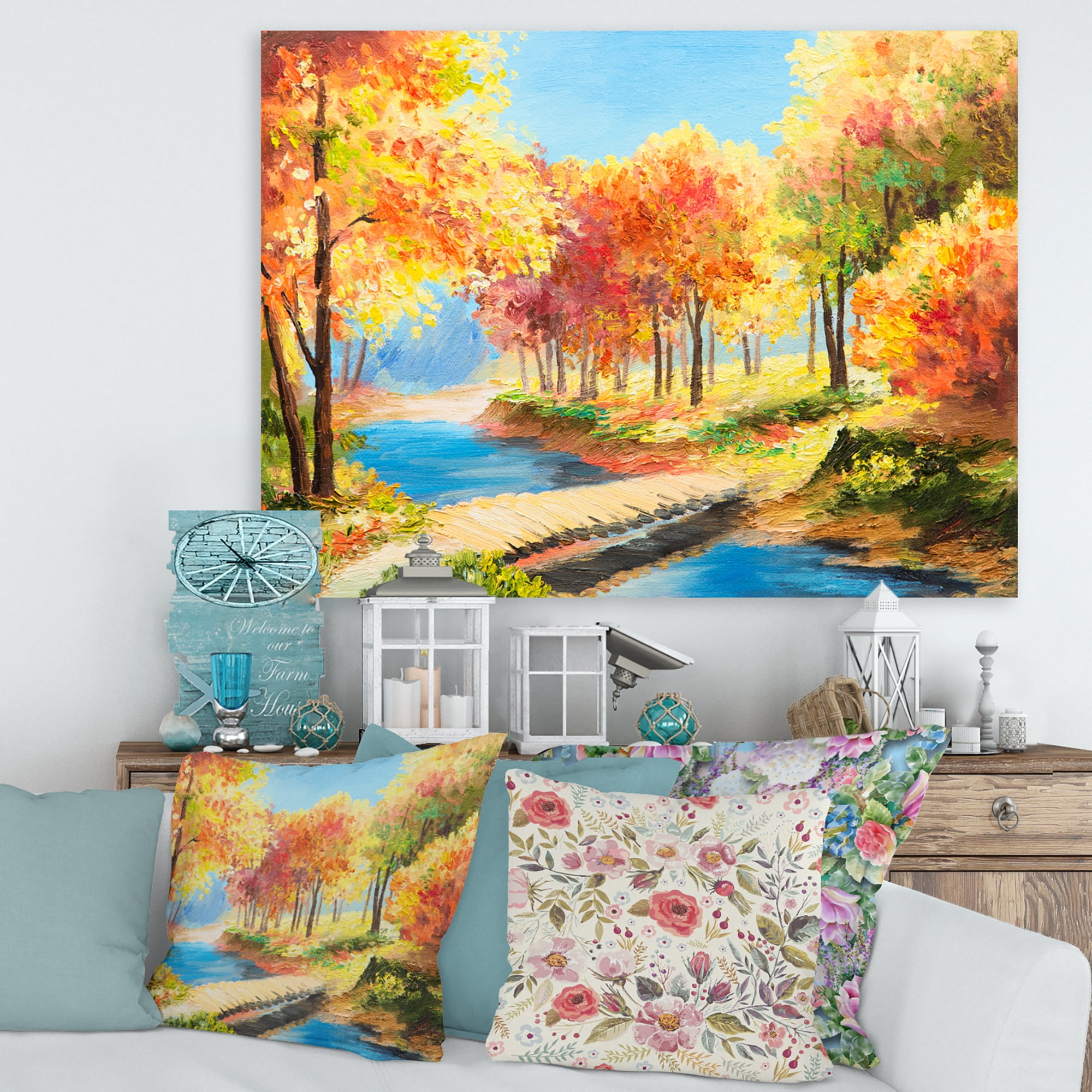 Designart ' Orange and Yellow Trees By The Riverside ' Lake House Canvas Wall Art Print