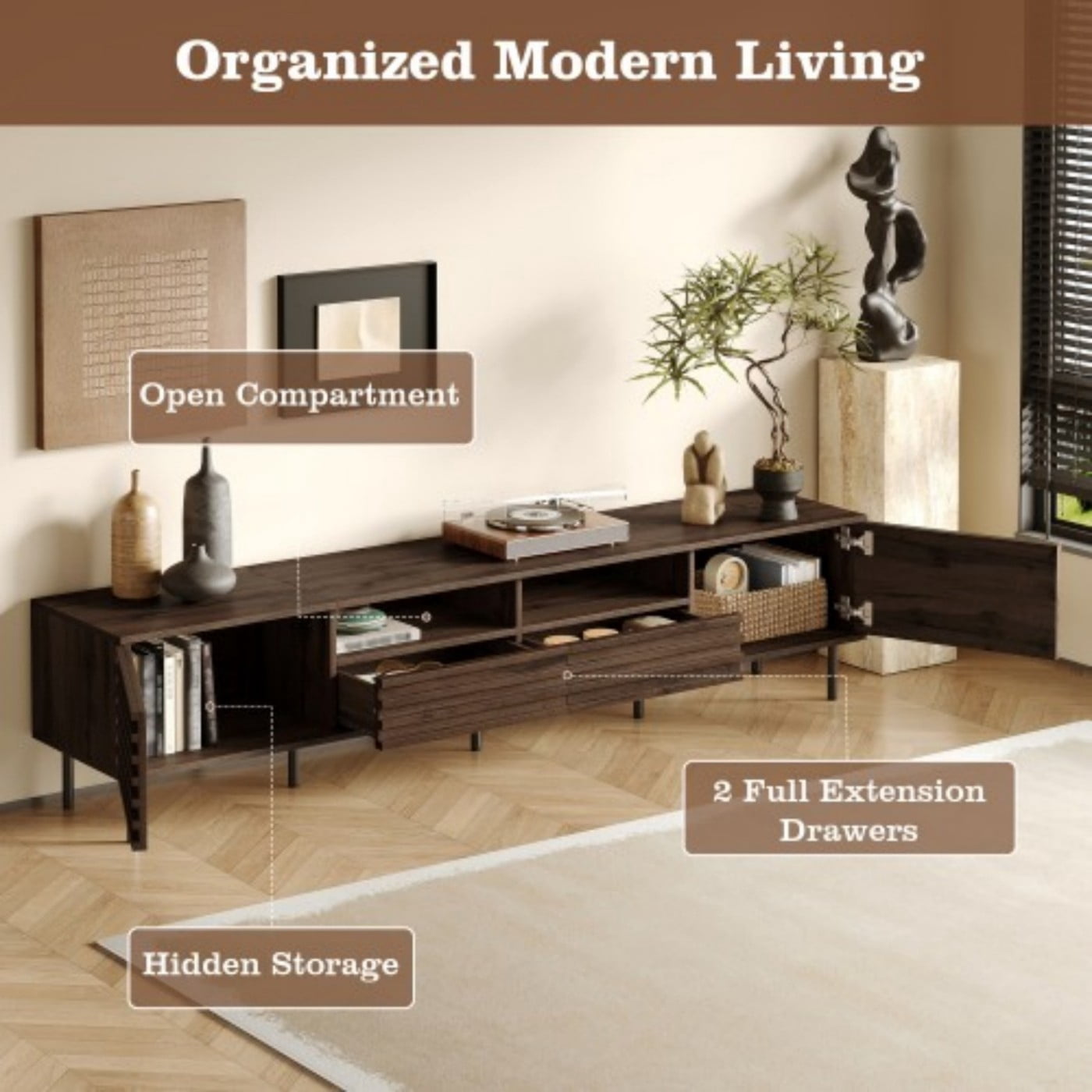 78" Modern TV Stand for 85 Inch TV, Wood Media Console with Closed Storage Cabinet, Slatted Doors, Soft Close Hinges & Cable Management, Entertainment Center for Living Room, Brown
