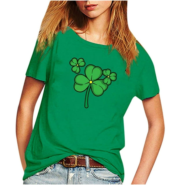 Pompotops Women's Hedging Casual Short Sleeve Green Printing T Shirt Top