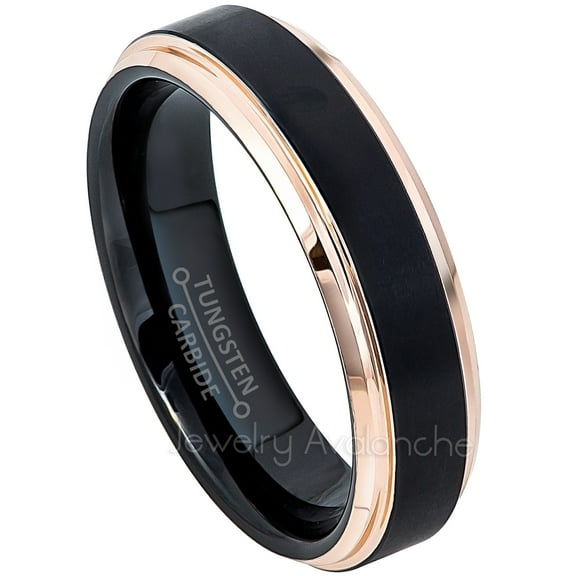 2-Tone Tungsten Wedding Ring - Band for Mens & Womens- 6mm Stepped Edge Tungsten Ring - 2-Tone Black & Rose Gold Tungsten Band