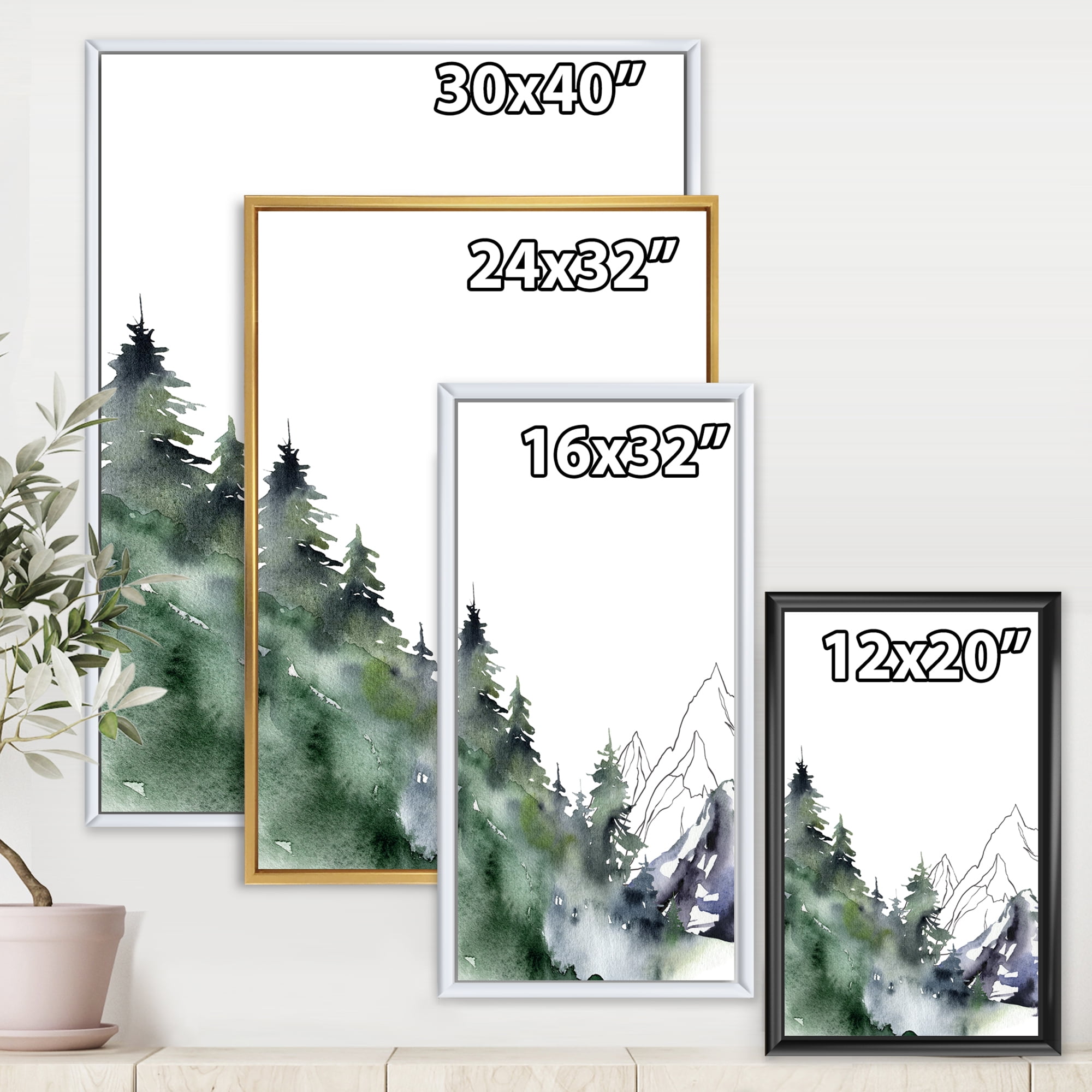Designart 'Trees With Winter Dark Blue Mountain Landscape III' Modern Framed Canvas Wall Art Print