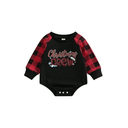 

Qtinghua Newborn Baby Girl Boy Christmas Romper Long Sleeve Letter & Plaids Print Jumpsuit Bodysuit Clothes Red Black 0-3 Months