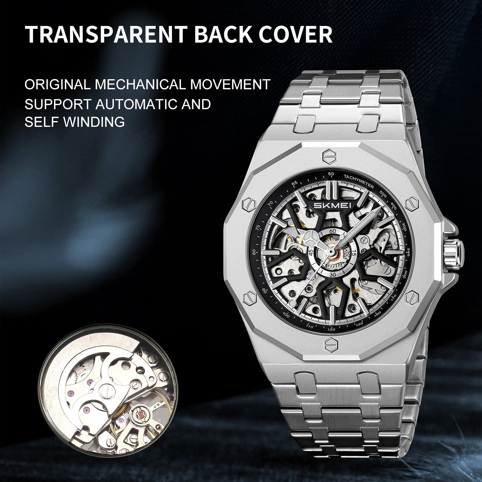 SKMEI Mens Luxury Skeleton Automatic Mechanical Wrist Watches Business Leisure Waterproof Luminous Pointer Self-Winding Wrist Watch