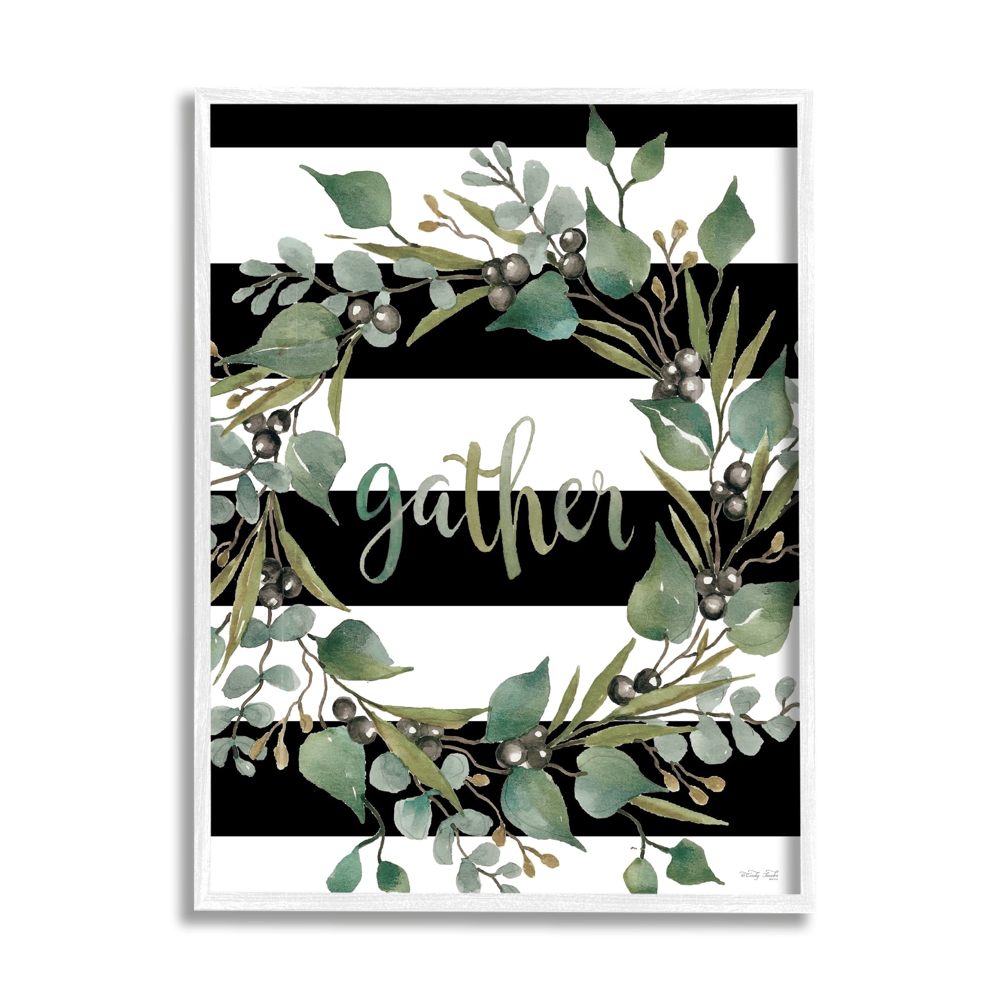 Stupell Industries Gather Calligraphy Stripes Pattern Wreath Botanicals Leaves Graphic Art White Framed Art Print Wall Art, Design by Cindy Jacobs