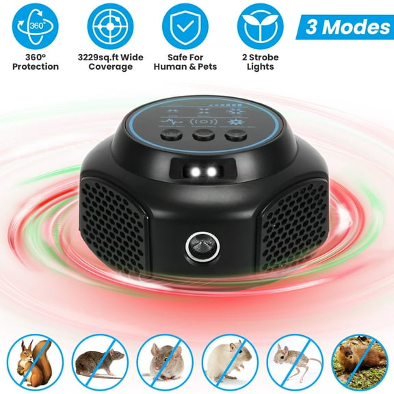 iMounTEK Plug in Mouse Repellent 360° Ultrasonic with 3 Modes 2 Strobe Lights for Kitchen Warehouse Indoor Rodent Repeller