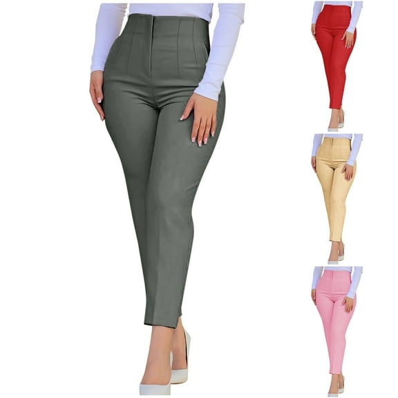 qolati Women's Front Pleated Work Pants Trendy High Waist Straight Leg Trousers Slim Fit Solid Color Lounge Pants with Pockets